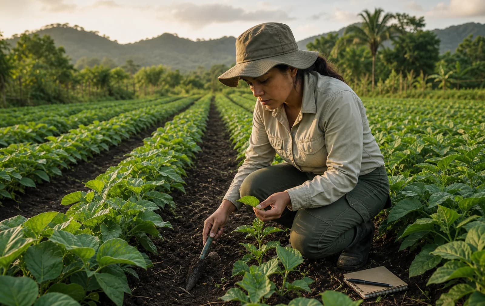 Farmer checking her crop with a phone in hand